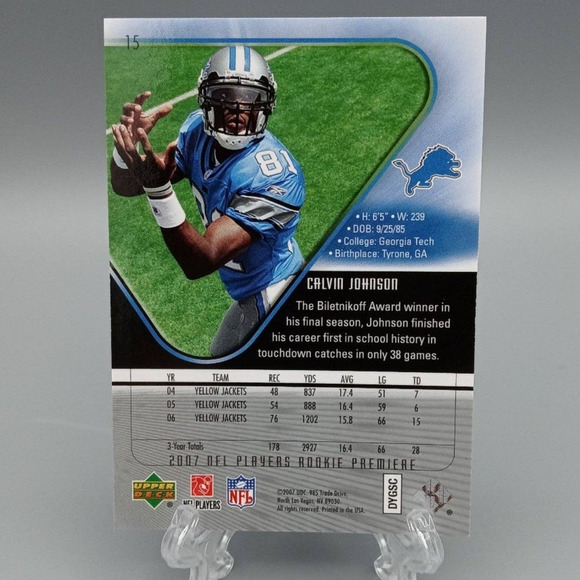 Calvin Johnson NFL Payers Rookie Premier 2007 Upper Deck #15 Football Card - Picture 2 of 2